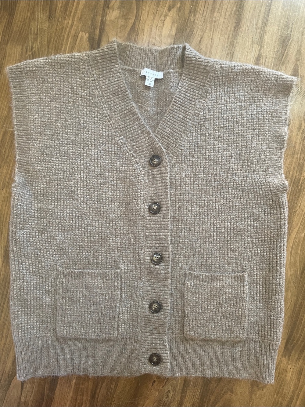 Topshop Beige Taupe Button-Front Knit Vest